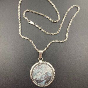 Vtg. Sterling Silver Charles Albert Blue Agate Pendant & thick 20" Necklace 27gm